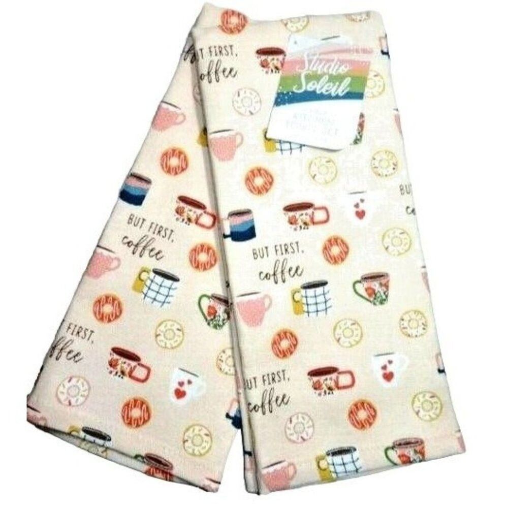Studio Soleil But Coffee First Kitchen Tea Towels 2pc Doughnuts Terry Cotton NEW